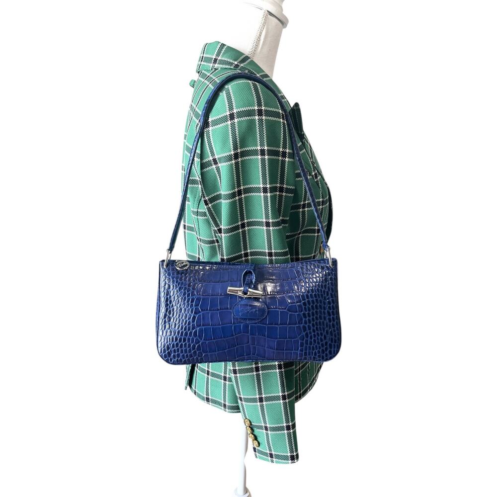 Longchamp Roseau Blue Croc Embossed Shoulder Bag Vintage Y2K Bamboo Toggle - Picture 5 of 11